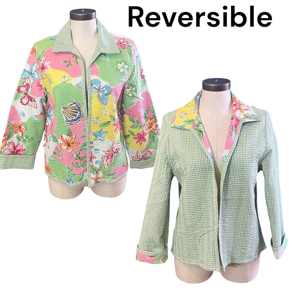 Alfred‎ Dunner 12P Reversible Quilted Jacket Butterfly Floral Tropical Gingham